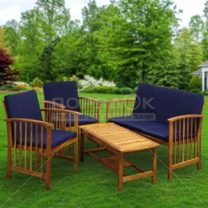 Мебель садовая Green Days, Акация, дерево, стол, 100х43х50 см, 2 кресла, 1 диван, подушка синяя