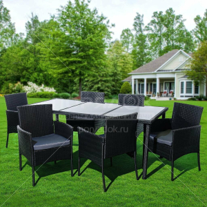 Мебель садовая Green Days, Эльмира, черная, стол, 190х90х75 см, 6 кресел, подушка серая