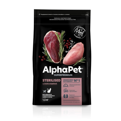 AlphaPet Superpremium сухой полнорационный корм для взрослых стерилизованных кошек и котов с УТКОЙ и ИНДЕЙКОЙ 1,5 кг
