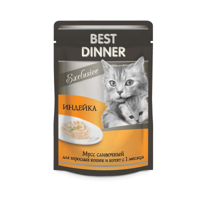 Best Dinner Exclusive влажный корм для кошек и котят при восстановлении, сливочный мусс с индейкой, в паучах 85 г
