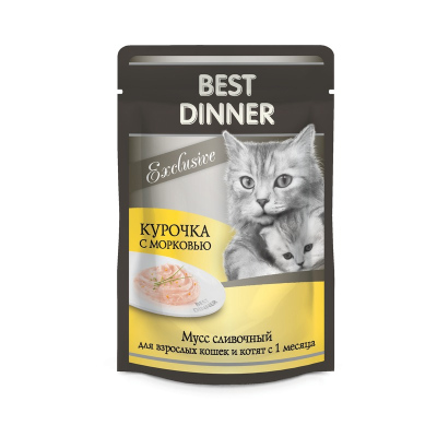 Best Dinner Exclusive влажный корм для кошек и котят при восстановлении, сливочный мусс с курочкой и морковью, в паучах 85 г