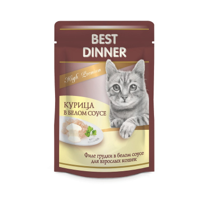 Best Dinner High Premium влажный корм для кошек, с курицей, волокна в белом соусе, в паучах 85 г