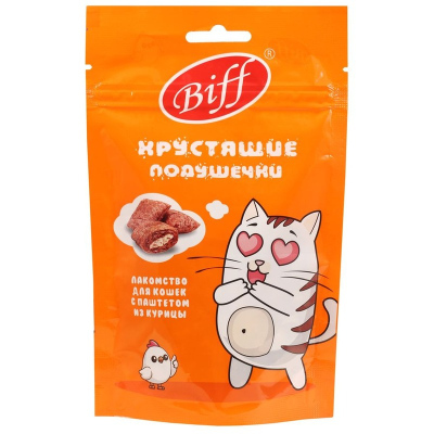 Biff лакомства для кошек, хрустящие подушечки с паштетом из курицы 60 г для кормления для