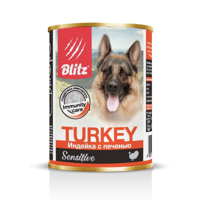 Blitz Sensitive Adult Dog консервы для взрослых собак с чувствительным пищеварением, с индейкой и печенью 400 г х 24 шт