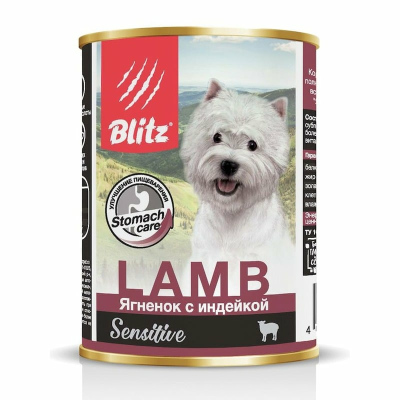 Blitz Sensitive Adult Dog влажный корм для взрослых собак с чувствительным пищеварением, с ягненком и индейкой, в консервах 400 г