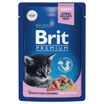 Brit Premium полнорационный влажный корм для котят, с белой рыбой, кусочки в соусе, в паучах