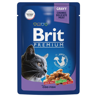 Brit Premium полнорационный влажный корм для кошек, с треской, кусочки в соусе, в паучах 85 г премиум
