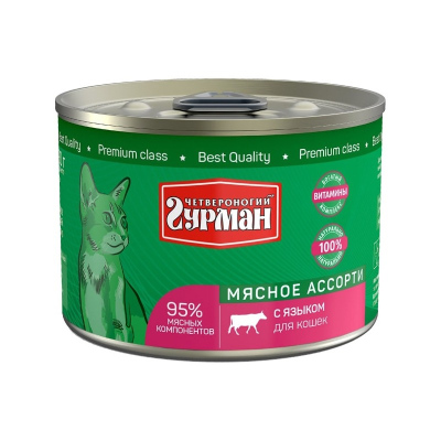 Четвероногий Гурман Мясное ассорти влажный корм для кошек, фарш из языка, в консервах 190 г