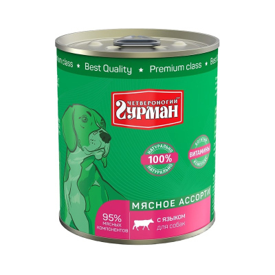 Четвероногий гурман влажный корм для щенков Мясное ассорти с языком, в консервах 340 г х 12 шт без курицы