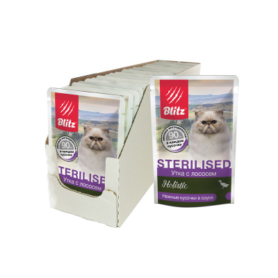Blitz Holistic Sterilised пауч для стерилизованных кошек и кастрированных котов (кусочки в соусе) (Утка и лосось, 85 г. упаковка 24 шт)