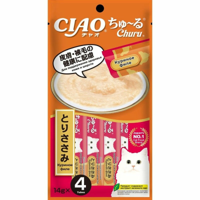 Inaba Ciao Churu лакомство пюре для взрослых кошек, для поддержания здоровья кожи и шерсти, с куриным филе 14 г х 4 шт