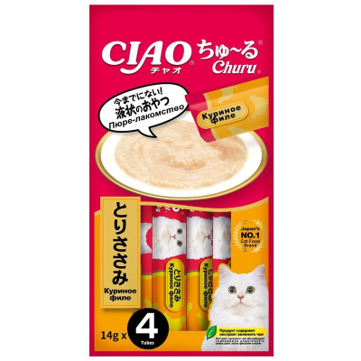 Inaba Ciao Churu лакомство-пюре для кошек, с куриным филе 14 г, 4 шт для взрослых с курицей