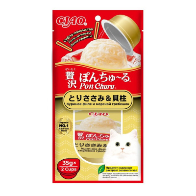 Inaba Ciao Pon Churu лакомство для взрослых кошек, с куриным филе и морским гребешком, суфле 35 г х 2 шт супер