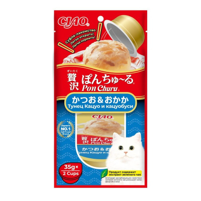 Inaba Ciao Pon Churu лакомство для взрослых кошек, с тунцом Магуро и кацуобуси, суфле 35 г х 2 шт