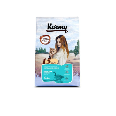 Karmy Hypoallergenic полнорационный сухой корм для кошек при пищевой аллергии, c уткой 1,5 кг премиум
