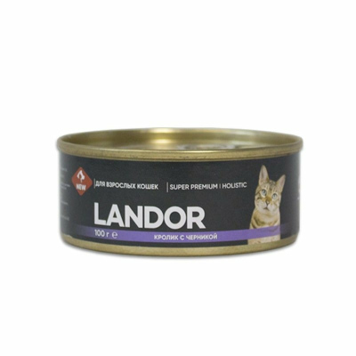 Landor полнорационный влажный корм для кошек, паштет с кроликом и черникой, в консервах 100 г