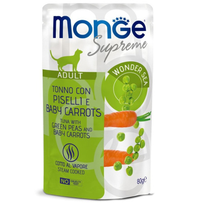 Monge Supreme Adult Cat влажный корм для взрослых кошек с тунцом, зелёным горошком и мини-морковью, в паучах 80 г