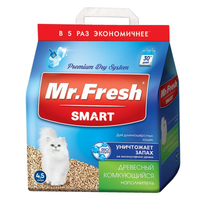 Mr.Fresh Smart древесный комкующийся наполнитель для длинношерстных кошек 4,5 л (2,2 кг)