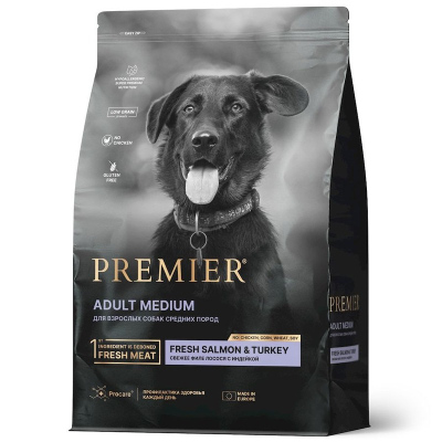 Premier Dog Salmon Turkey Adult Medium сухой корм для собак средних пород, свежее филе лосося с индейкой 1 кг