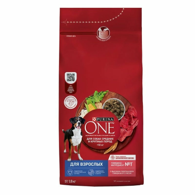 Purina ONE сухой корм для взрослых собак средних и крупных пород с высоким содержанием говядины и с рисом 1,8 кг