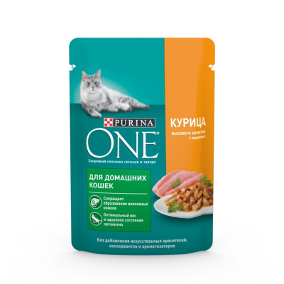 Purina ONE Housecat влажный корм для кошек, при домашнем образе жизни, с курицей и морковью, в соусе, в паучах
