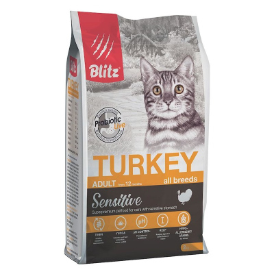Blitz Sensitive Adult Cats Turkey полнорационный сухой корм для кошек, с индейкой 2 кг