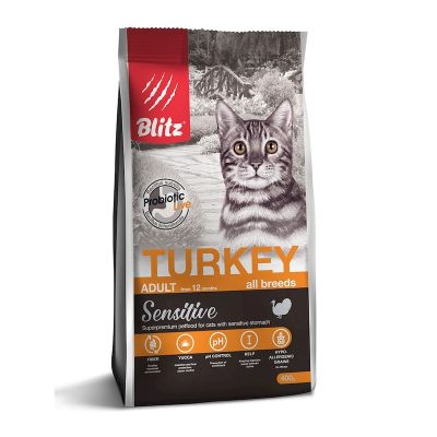 Blitz Sensitive Adult Cats Turkey полнорационный сухой корм для кошек, с индейкой 400 г