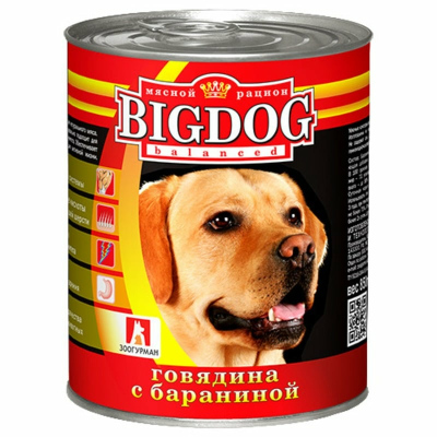 Зоогурман Big Dog влажный корм для собак средних и крупных пород, фарш из говядины с бараниной, в консервах 850 г